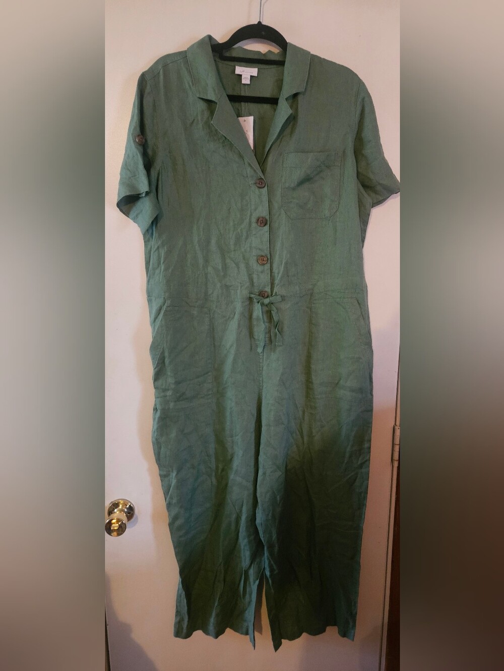 J. Jill Love Linen Green Short Sleeve Wide Leg Button Up Utility Jumpsuit Nwt L